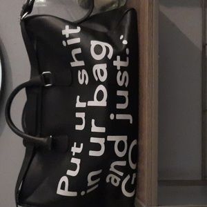 Black and white Mess in a bottle duffle bag